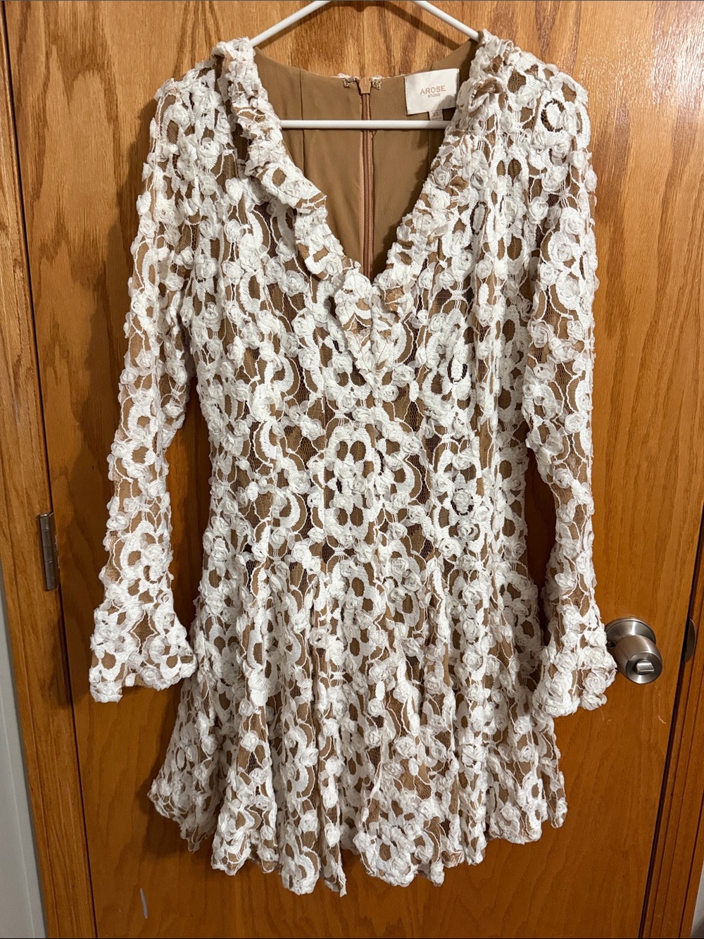 Arose White Lace Wrap Dress with Beige Lining